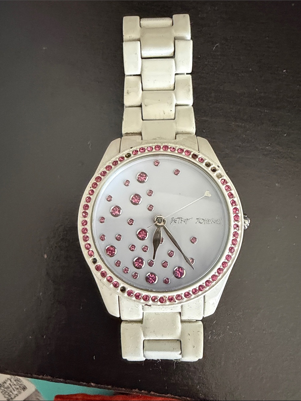 Betsey Johnson Silver-Tone Bracelet Watch with Pink Crystal Accents